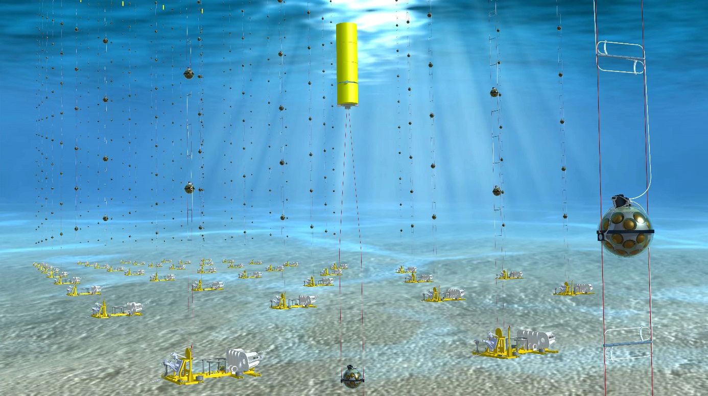 Umělecké zobrazení neutrinové observatoře KM3NeT, která pozorovala kosmické neutrino s extrémní energií (zdroj KM3NeT - Edward Berbee/Nikhef).