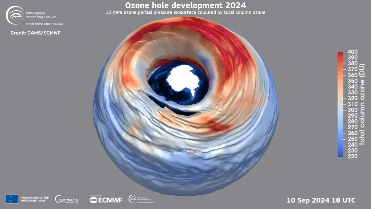 Ozonová díra nad Antarktidou, 10. září 2024. Kredit: CAMS/ECMWF.