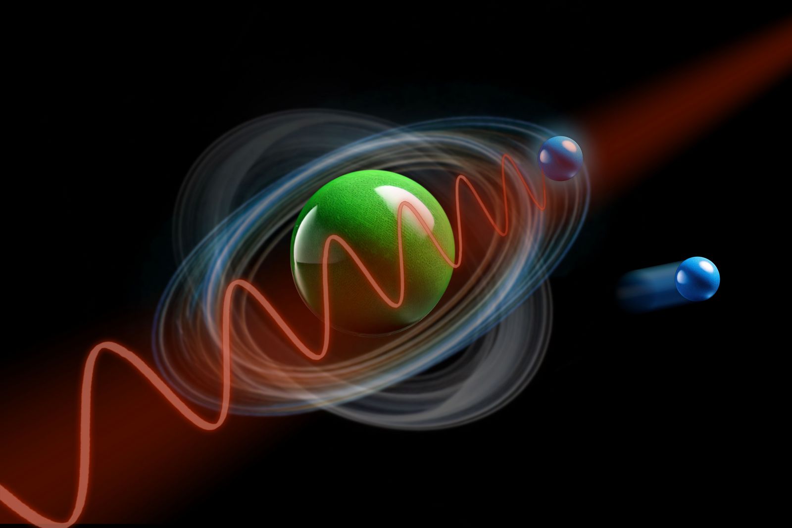 Atom je zasažen laserovým pulsem. Jeden elektron je z atomu vytržen, další elektron je posunut do stavu s vyšší energií. Kredit: ZU Wien.