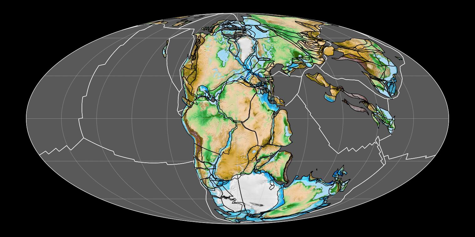 Rozmístění pevninských mas v období končícího triasu (geologický věk rét, asi před 202 miliony let), zhruba 30 milionů let po Karnské pluviální epizodě. V této době byly ještě všechny pevninské masy spojeny v jediný superkontinent zvaný Pangea. Ačkol