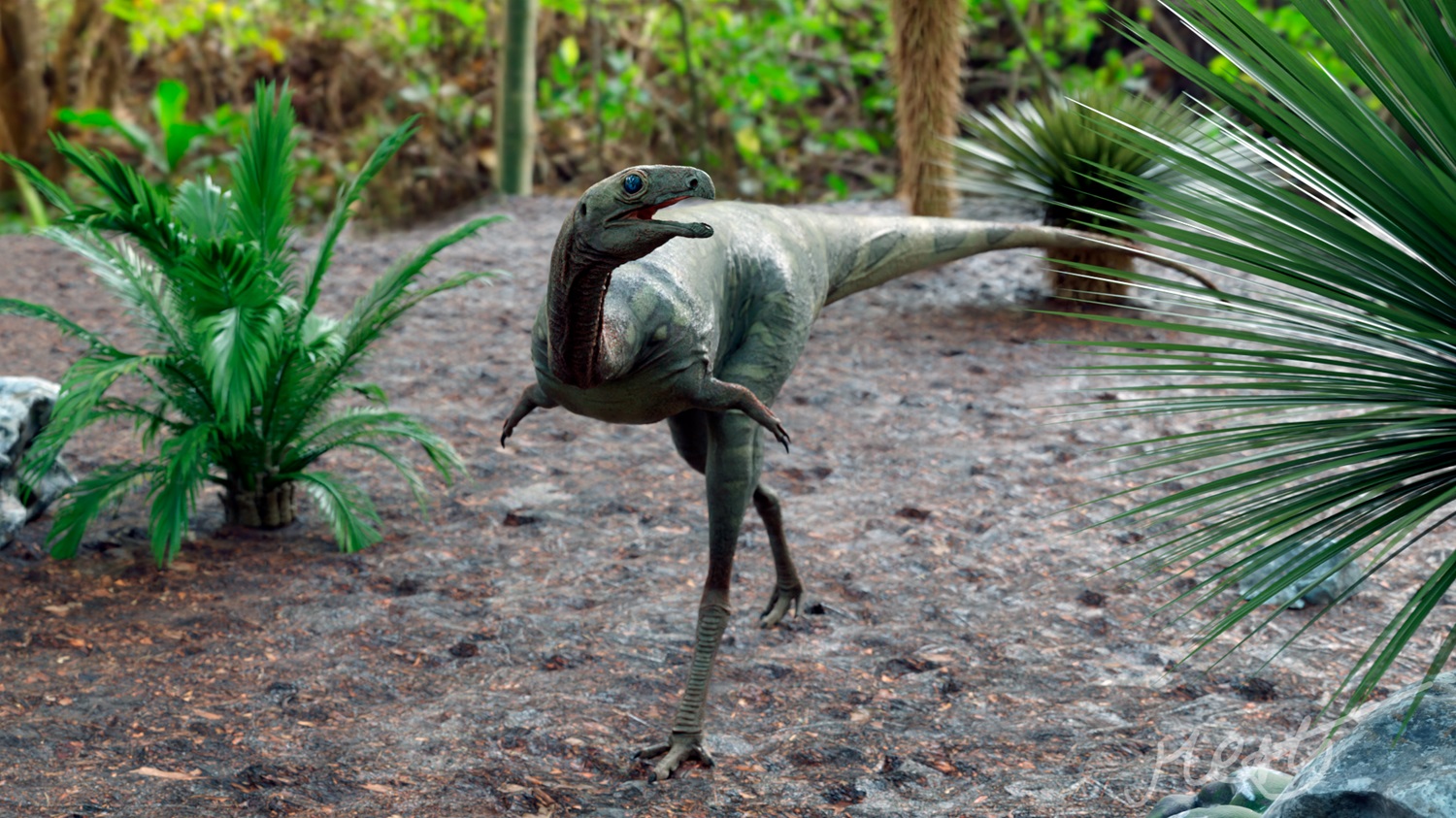 Model zobrazující přibližný vzhled a způsob pohybu asijského noasauridního teropoda druhu Kiyacursor longipes. Kredit: Petr Menshikov; Wikipedia (CC BY 4.0)