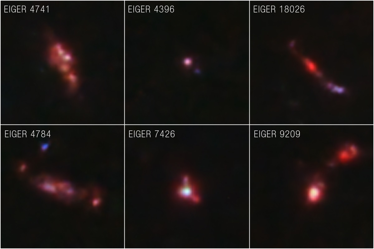 Velmi vzdálené galaxie vzniklé dříve než 900 milionů let po Velkém třesku pozorované skupinou EIGER s využitím Webbova vesmírného teleskopu. Detailní zkoumání jejich spekter umožňuje zkoumat i emisní čáry ionizovaného plynu a tím i jeho vlastnosti (z