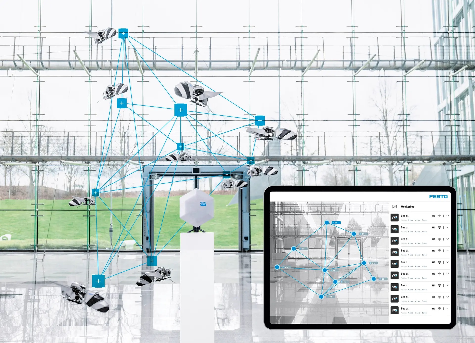 Hejnové chování řídí centrální počítač. Kredit: Festo.