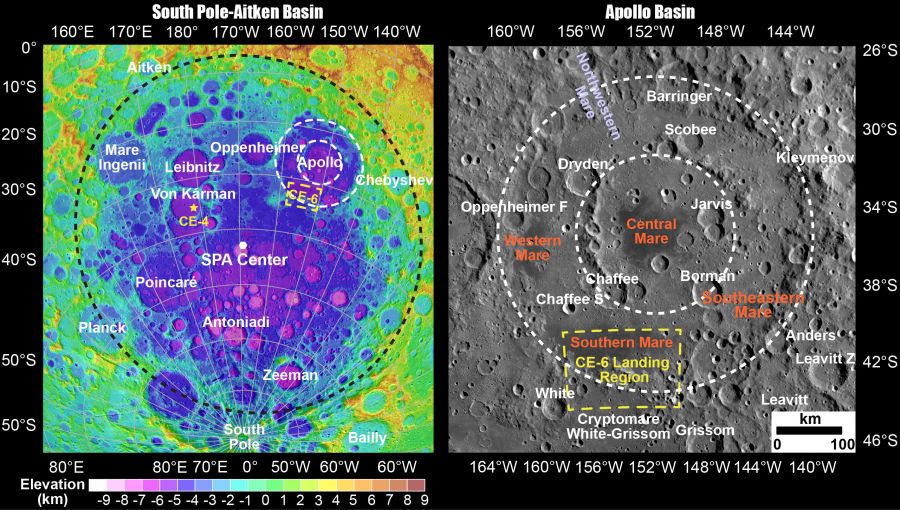 Mapa bazénu South Pole-Aitken (nalevo) a kráter Apollo (zdroj Dr Yuqi Qian)