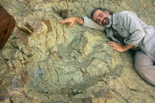 Argentinský paleontolog Sebastián Apesteguía pózuje vedle zkamenělého otisku stopy neznámého obřího teropoda, který žil na území současné Bolívie v době před 80 až 78 miliony let. Jednalo se patrně o gigantického abelisaurida, jehož kosterní fosilie 