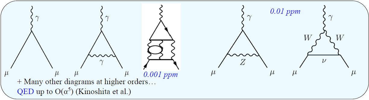 Příspěvky k polarizaci vakua spojené s elektromagnetickou (vlevo) a slabou (vpravo) interakcí jsou určovány s fantastickou přesností a jejich příspěvek k nejistotě v určení magnetického dipólového momentu je relativně malý (zdroj: prezentace Bogdana 