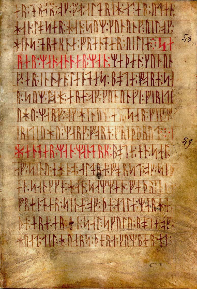 Codex Runicus. Jeden z nejstarších a nejlépe zachovaných textů Skandinávského práva je psán na pergamenu. Rukopis pochází cca z roku 1300 n. l.. Volné dílo.