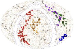 Pět nově objevených superstruktur vesmíru. Kipu je červeně. Kredit: ohringer et al. (2025), arXiv.