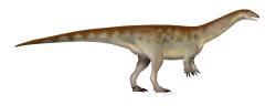 Výtvarná rekonstrukce hypotetického vzezření triasového afrického sauropodomorfa druhu Musankwa sanyatiensis. Kredit: UnexpectedDinoLesson; Wikipedia (CC BY 4.0)