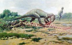 V mnoha případech bylo literární zpodobnění dinosaurů na začátku 20. století založeno na dnes již zastaralých a překonaných názorech a rekonstrukcích. Mezi nejvlivnější ilustrátory v době před Zdeňkem Burianem patřil například Američan Charles R. Knight. Zde jeho představa o podobě druhu Allosaurus fragilis z roku 1904. Kredit: Charles R. Knight; Wikipedia (volné dílo)