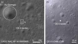 Místo přistání modulu Čchang-e 5 vyfotografované sondou LRO (nalevo) a těsně před přistáním kamerou přistávacího modulu Čchang-e 5 (napravo) (zdroj Wu, Y. Z., et al.: A&A, 682, A112 (2024))