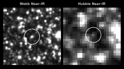 Rozdíl v zobrazení dané cefeidy pomoci Webbova a Hubblova teleskopu (zdroj NASA).