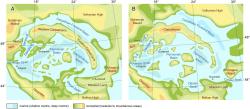 Středoevropský karibik. Vlevo (A) situace cca před 15 miliony let, Vpravo (B) před 13 miliony let. Kredit: Harzhauser et al. (2024), Scientific Reports.