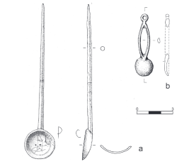 Malé lžičky, které válečníci nosili na svých opascích, se našly i u nás na Moravě. Tyto jsou z archeologické lokality Mušov (Kredit a: Künzl/Künzl 2002, Illerup.  Kredit b: Ilkjær 1993).