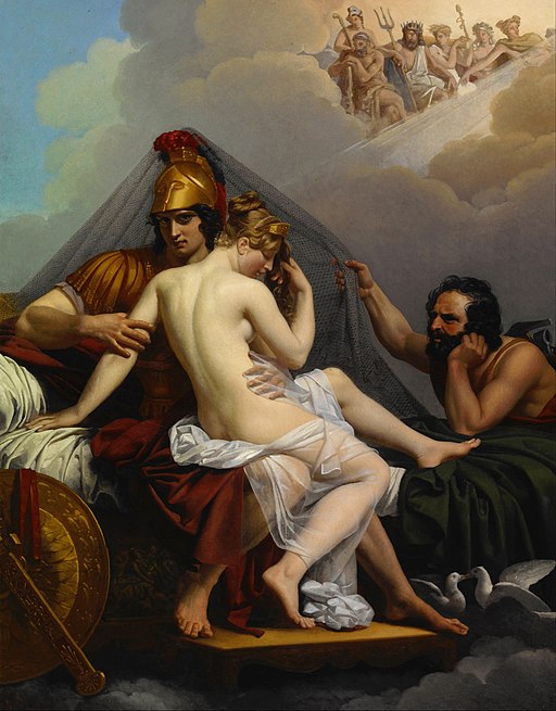 Héfaistos zkoumá úlovek v síti. Shůry přihlížejí ostatní bohové. Alexandre-Charles Guillemot, olej na plátně, 1827. Indianapolis Museum of Art, artwork ID 5622, (P4674). Kredit: NgFVL6Vteg3K6Q at Google Cultural Institute, Wikimedia Commons. Public d