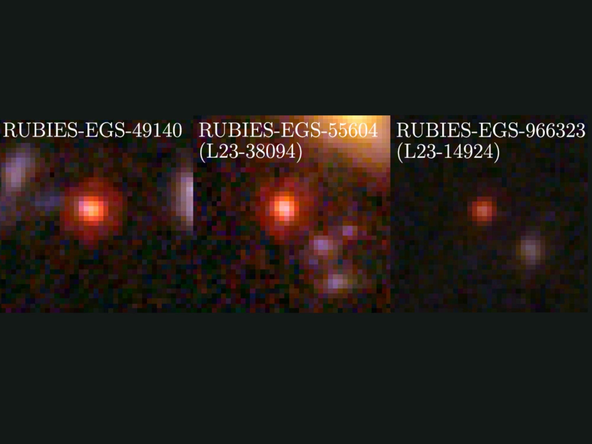 Trojice kosmických rubínů z počátku času. Kredit: Bingjie Wang/Penn State; JWST/NIRSpec.