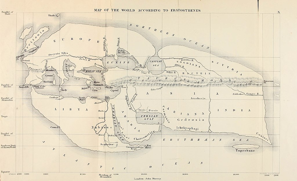 Rekonstrukce Eratosthenovy mapy v knize E. H. Bunburyho z roku 1883. Eratosthenovi nelichotí, možná mu spíše křivdí. Kredit: Sette-quattro, Wikimedia Commons. Public domain.