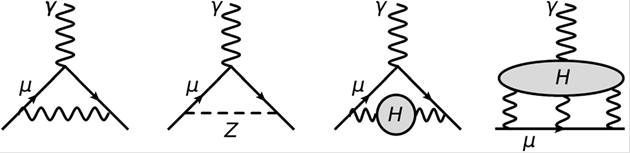 Ukázka Feynmanových diagramů příspěvků vakua zleva, příspěvek z kvantové elektrodynamiky, příspěvek z elektroslabé interakce, a nakonec dva příspěvky započítávající hadronovou polarizaci určovanou z kvantové chromodynamiky. (Zdroj PRL 126(2021) 14180