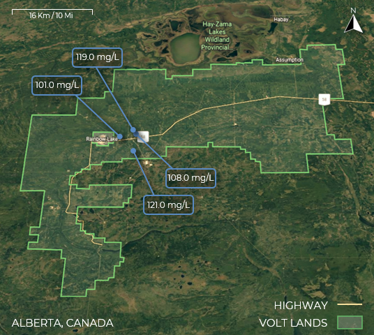 Koncentrace lithia v Rainbow Lake, Alberta. Kredit: Volt Lithium.